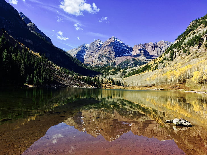 Aspen, Maroon bells, Colorado, krajobraz, jesień, góry, Jezioro