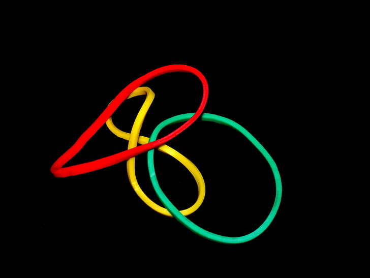 rubber band, colorful, red, green, yellow, rubber, alphabet