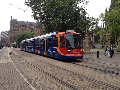sheffield, the tram, tram, public transport, transport, street, city