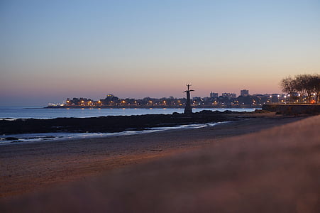 Saint-Nazaire, Monumento, praia, Crepúsculo, paisagem, mar, sol