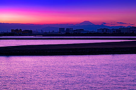 Muntele fuji, mare, apa, apus de soare, mare de nori, la asfinţit, Japonia