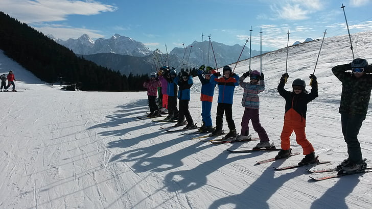 skiing, ski group, alpine, snow, mountain, winter, people