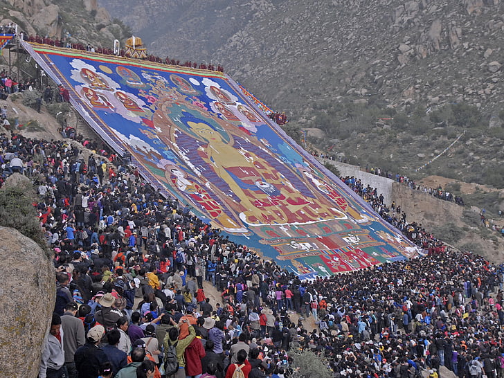 luostari, Drepungin, Lhasa, Tiibetin, shoton, thangka, ihmiset
