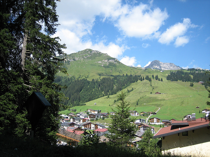 Alpina, vila, montanhas, natureza, céu