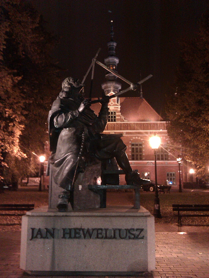 Johannes hevelius, Gdańsk, monument, nacht, stad, oude stad, monumenten