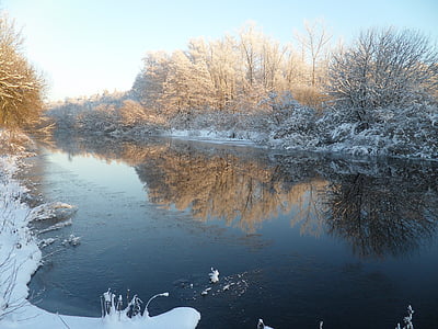 zimné, krásny, sneh, mráz, rieka, zrkadlenie, večerné slnko