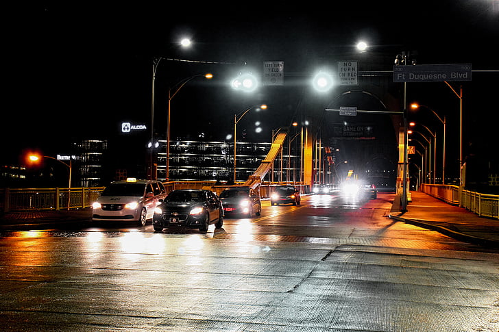 carretera, luces, faros, coches, vehículos, tráfico, puente