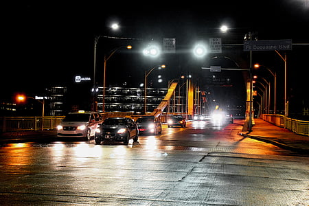 road, lights, headlights, cars, vehicles, traffic, bridge