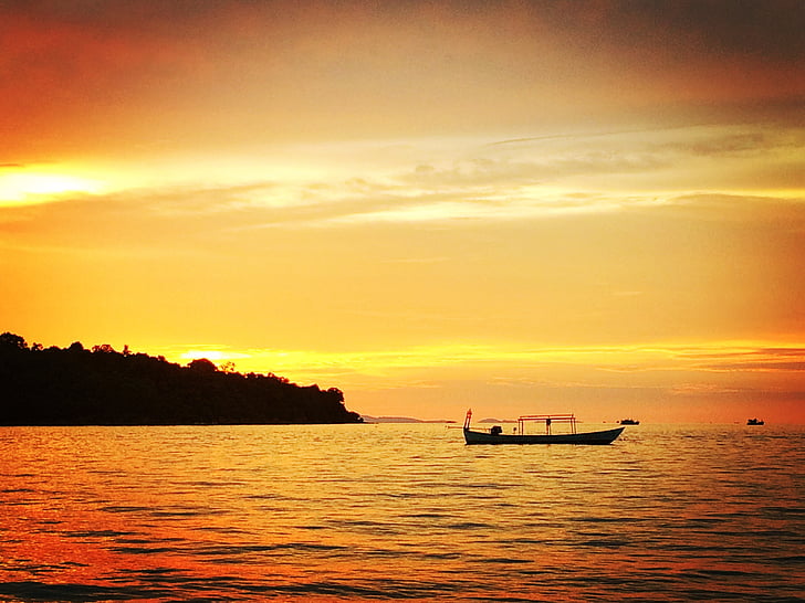 solnedgång, Phnom penh, båt, Twilight, havet, nautiska fartyg, naturen