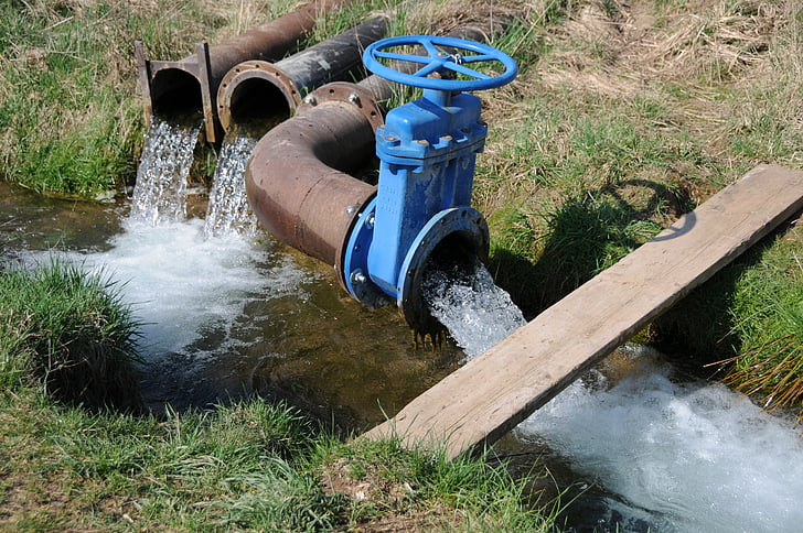 drenaje, válvula de, con fluidez, verde, tubos, empujador de, agua