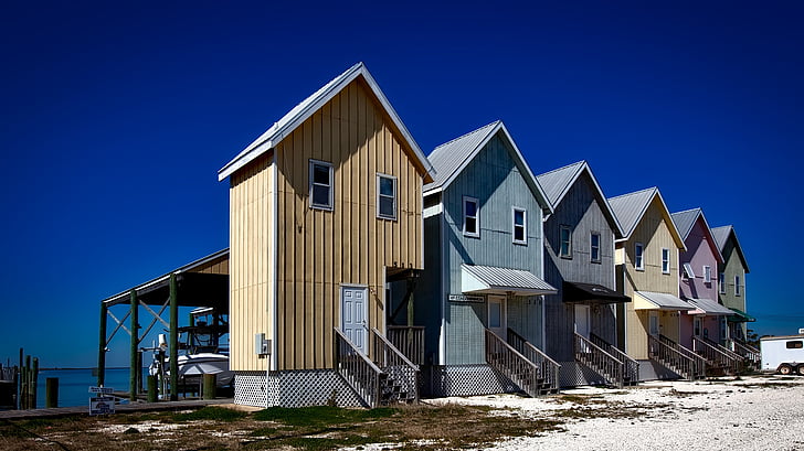 Dauphin island, Alabama, visserij huizen, huizen, Cottage, boot, zee
