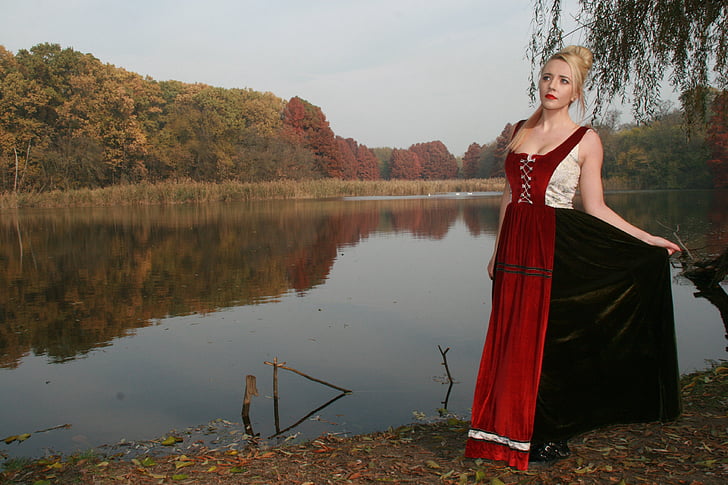 Момиче, езеро, Есен, гора, отражение, рокля, принцеса