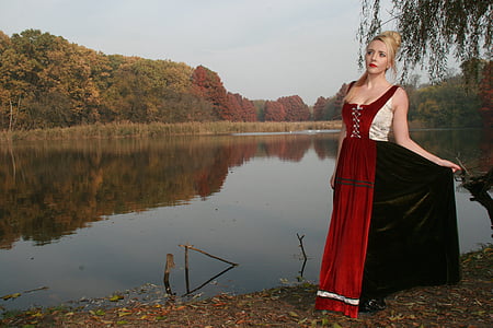 girl, lake, autumn, forest, reflection, dress, princess