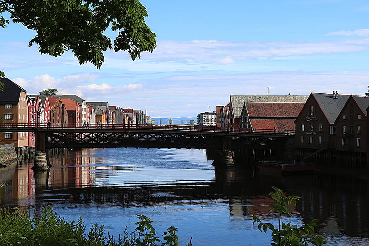 Trondheim, rivière, pont, architecture, atmosphériques