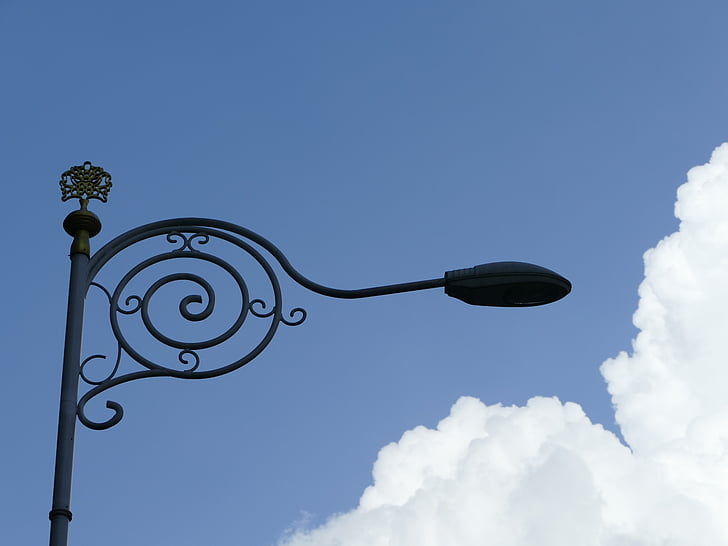 lamp, sky, clouds, contrast, day, bright, metal