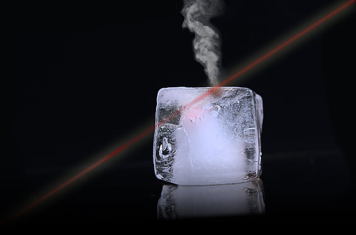 ice, ice cubes, laser, laser beam, steam, transparent, ice cold