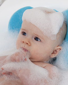 child, boy, baby, bathing, pissed off, foam, bathtub
