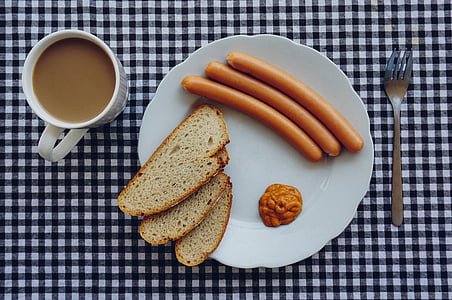 mic dejun, cafea, carnati, paine prajita, placa, furcă, Cupa