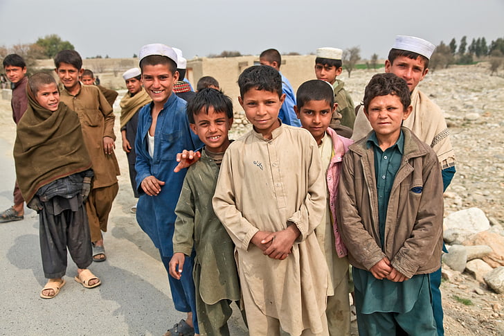 nois, grup, pobre, curiós, persones, nens, afganesos