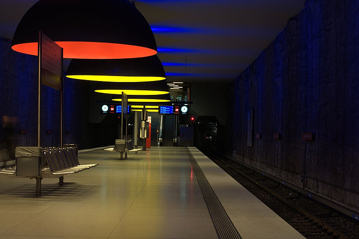 Tunnelbana, München, ljus, Bayern, arkitektur, belysning, färgglada