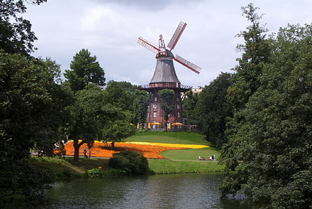 windmill, lake, park, trees, landscape, city, bremen