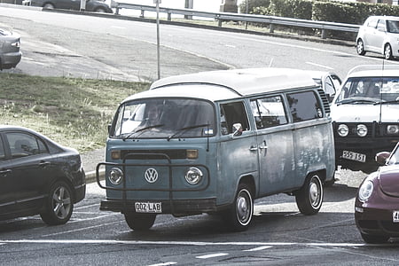 modrá, biela, Volkswagen, Vintage, Van, auto, ulici auto
