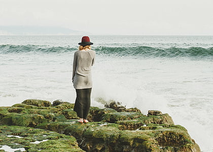 woman, ocean, viewing, thinking, female, rocks, moss