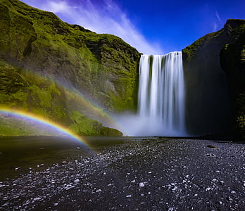 flowing, waterfalls, rainbow, daytime, mountain, landscape, highland