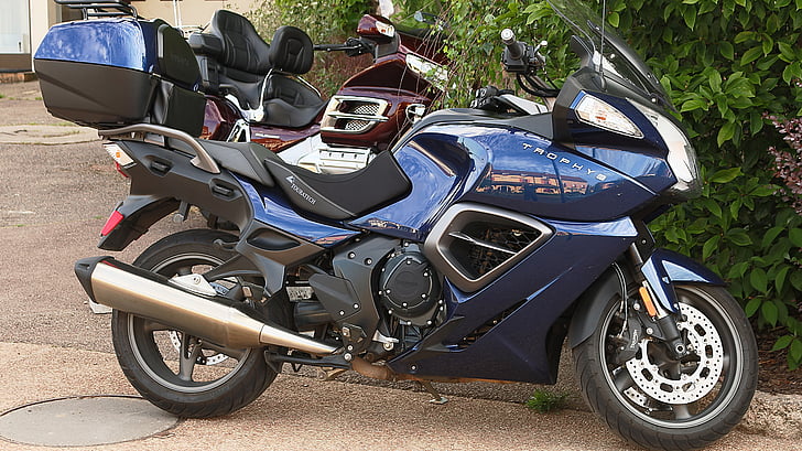 motorcyklar, Saulieu, Morvan, blå, svart, Triumph, motorcykel