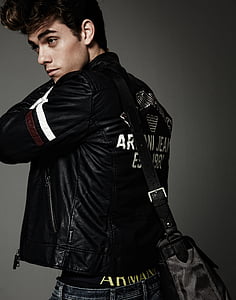 man, wearing, black, leather, printed, jacket, model