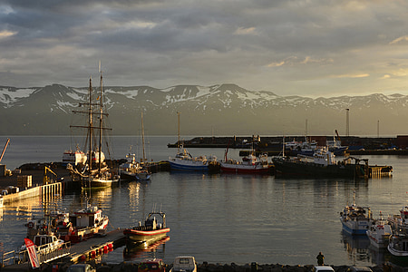 Húsavík, port, mer, Côte, Banque, navires, bateaux à voile