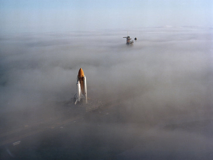 space shuttle, cape canaveral, rollout, launch pad, fog, gantry, launch platform