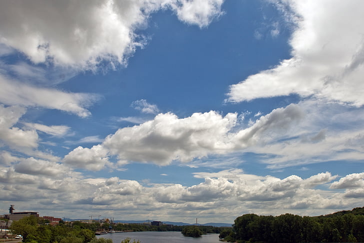 nuages, rivière, Panorama, paysage