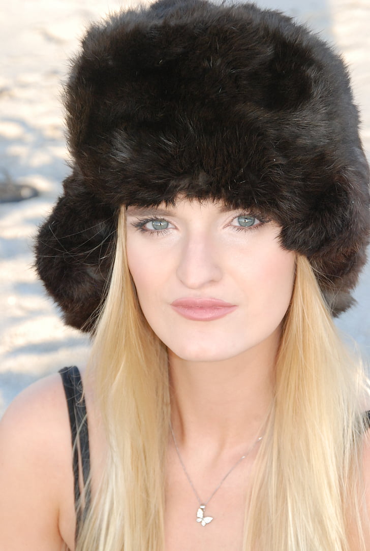 Rosyjski, kapelusz, Plaża, modelu, niebieski, oczy, makijaż