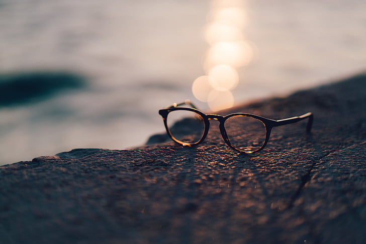 Borrão, close-up, óculos, foco, paisagem, oceano, reflexão
