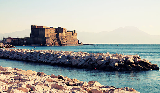 Nápoles, mar, Castelo, cidade, beira-mar, água