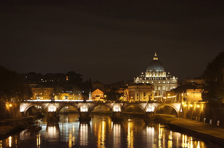 Базилика Святого Петра, Ночная фотография, Рим, Зеркальное отображение, HDR фото, Архитектура, известное место