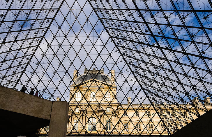 Paříž, Louvre, pyramida, Skleněná pyramida, Francie, Architektura, fasáda