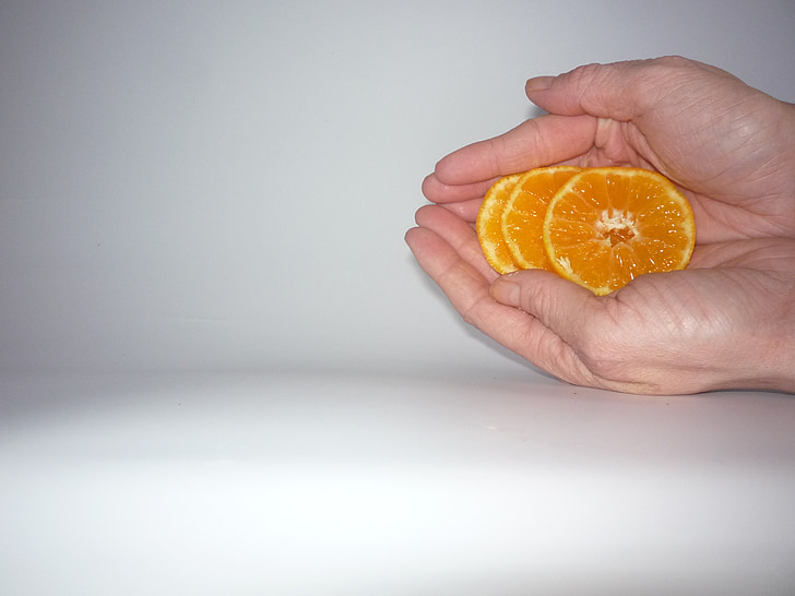 mandaryński, ręka, przytrzymaj mandarin, plastry, owoców cytrusowych, owoce, Orange - owoce