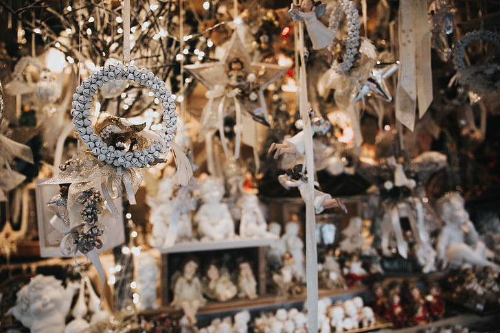christmas, decor, ornaments, blur, display, business, day