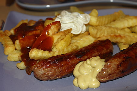 french, bratwurst, mustard, ketshup, snack, benefit from, sausage