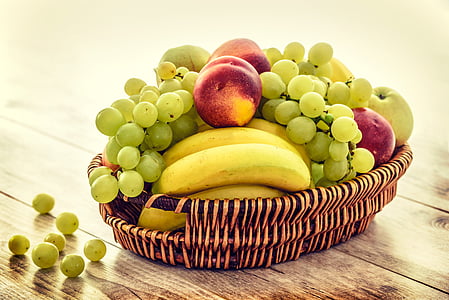 fruit basket, bananas, grapes, apples, nectarines, an old photo, vintage