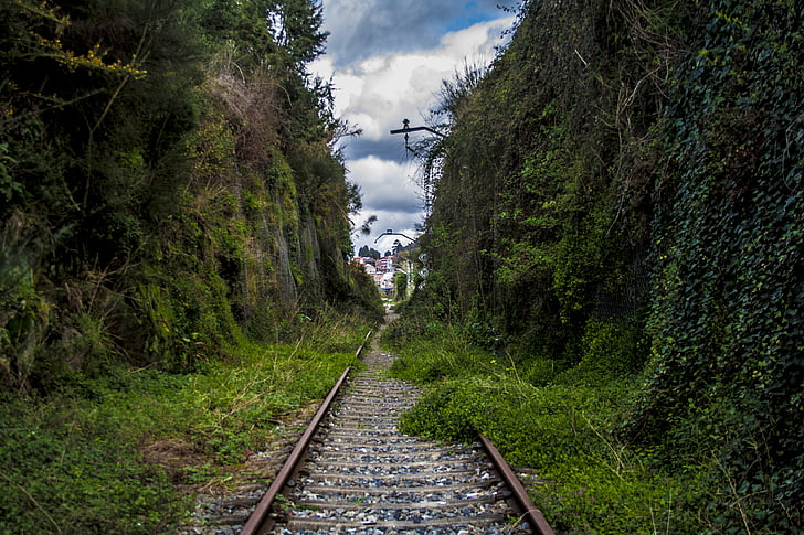 järnvägsspåren, invaderade, tåg, järnväg, Rails, Galicien