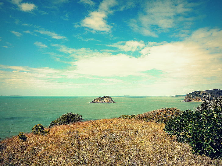 ostrov, pobřeží, Já?, oceán, Hill, obloha, Horizont