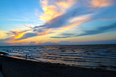 Plaża, zachód słońca, Coatzacoalcos, Veracruz, Meksyk, niebieski, morze