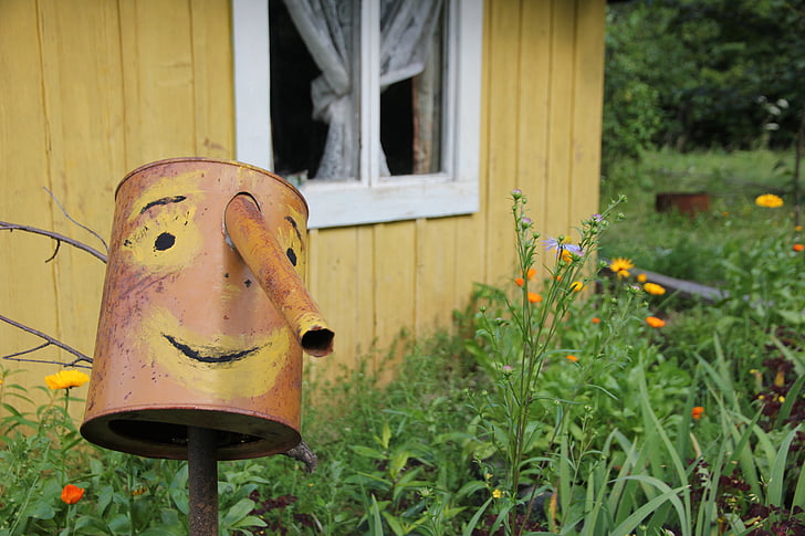 smile, summer, dacha, watering can, cottage, outdoors
