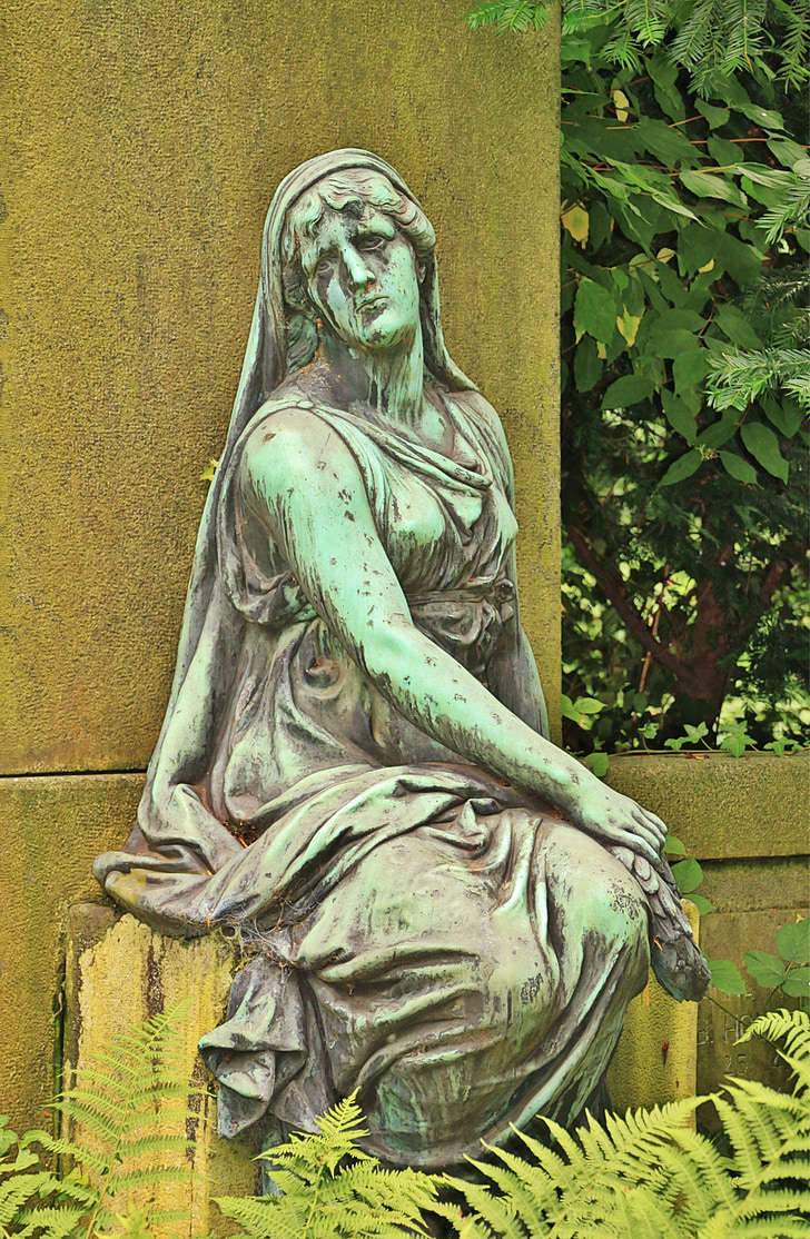 femme, humaine, sculpture, statue de, bronze, statue en bronze, cimetière