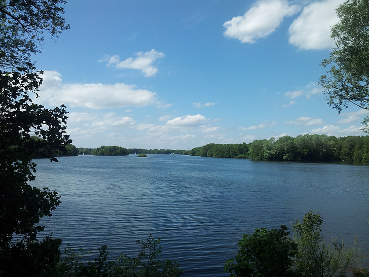 Lake, skyer, trær, gå, LAN, landskapet, natur