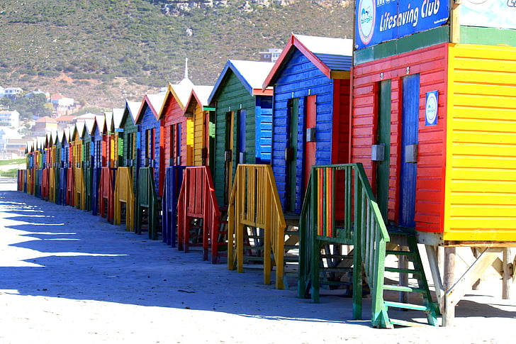 Kaapstad, Zuid-Afrika, Muizenberg, herenhuizen, strand cabines, vakantie, strand