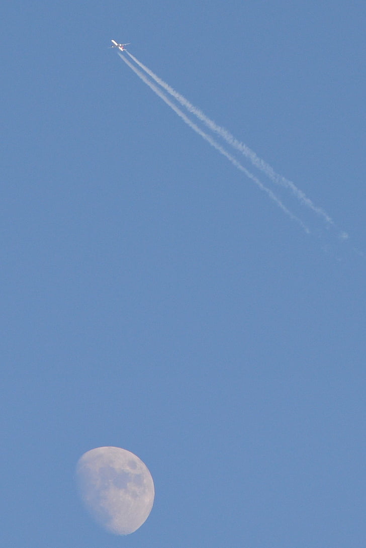 mēness, plakne, gaisa, zila, lidmašīna, lido, gaisa transportlīdzeklis